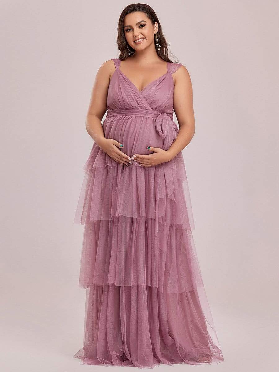 Plus Size Deep V Sleeveless Mid-Rib Layered Tulle Long Maternity Dress