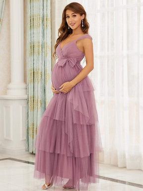 Deep V Sleeveless Mid-Rib Layered Tulle Long Maternity Dress