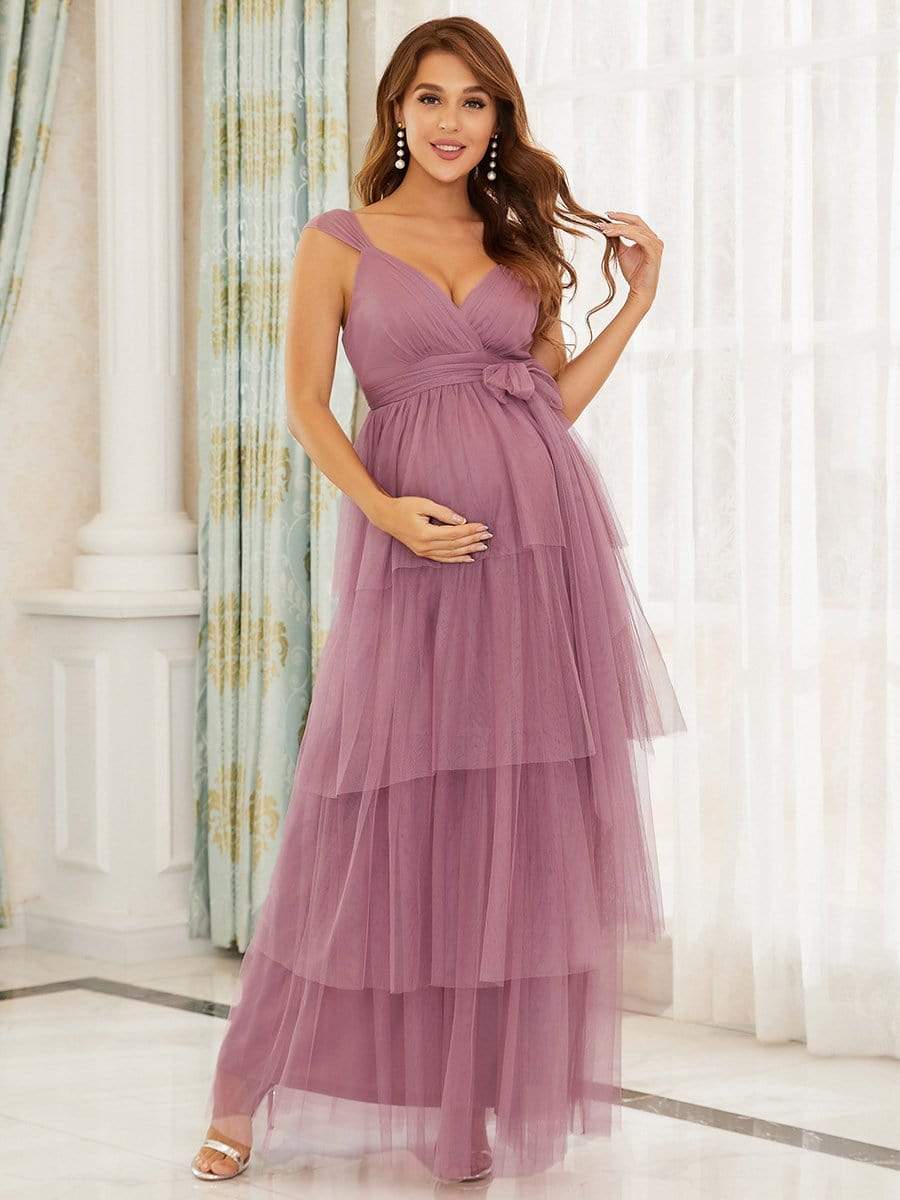 Deep V Sleeveless Mid-Rib Layered Tulle Long Maternity Dress