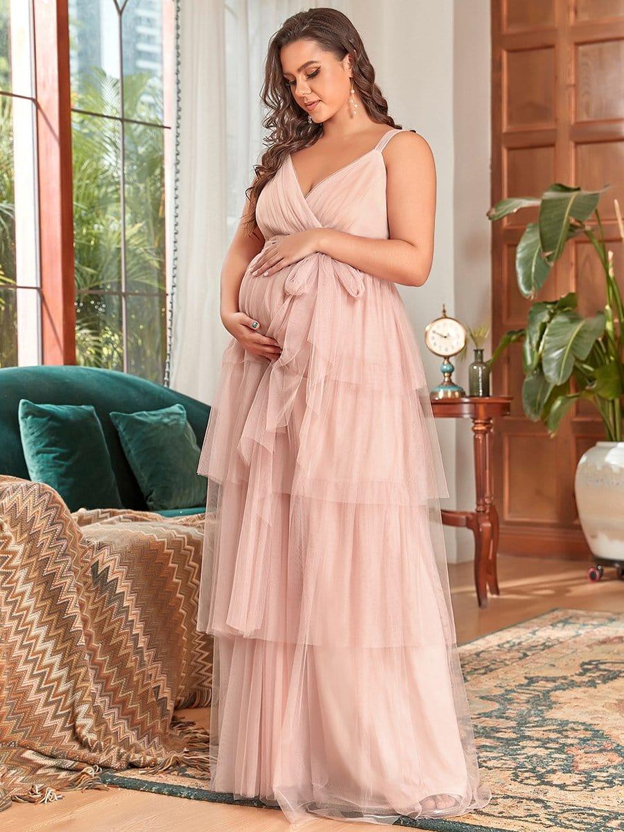 Plus Size Deep V Sleeveless Mid-Rib Layered Tulle Long Maternity Dress