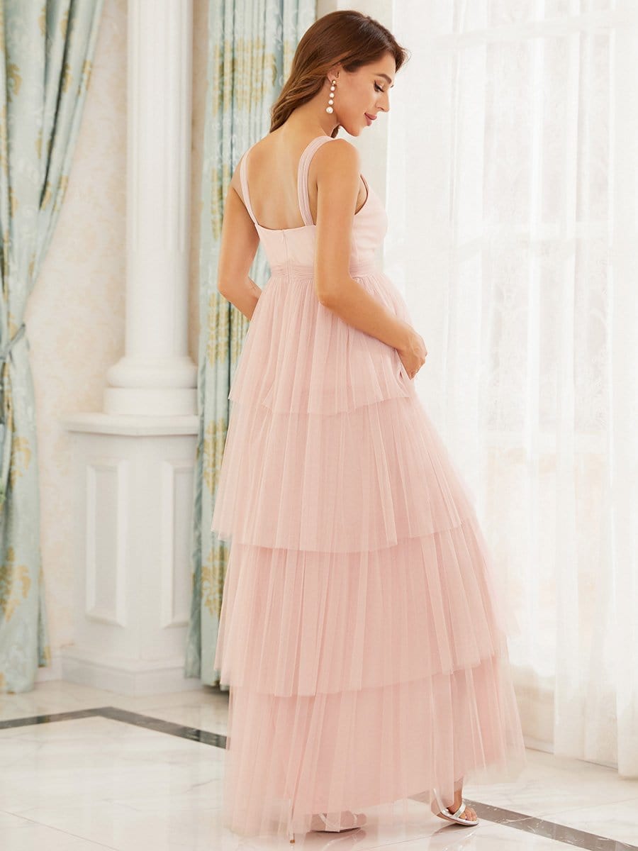 V-neck Sleeveless Mid-Rib Layered Tulle Long Maternity Wedding Guest Dress #color_Pink