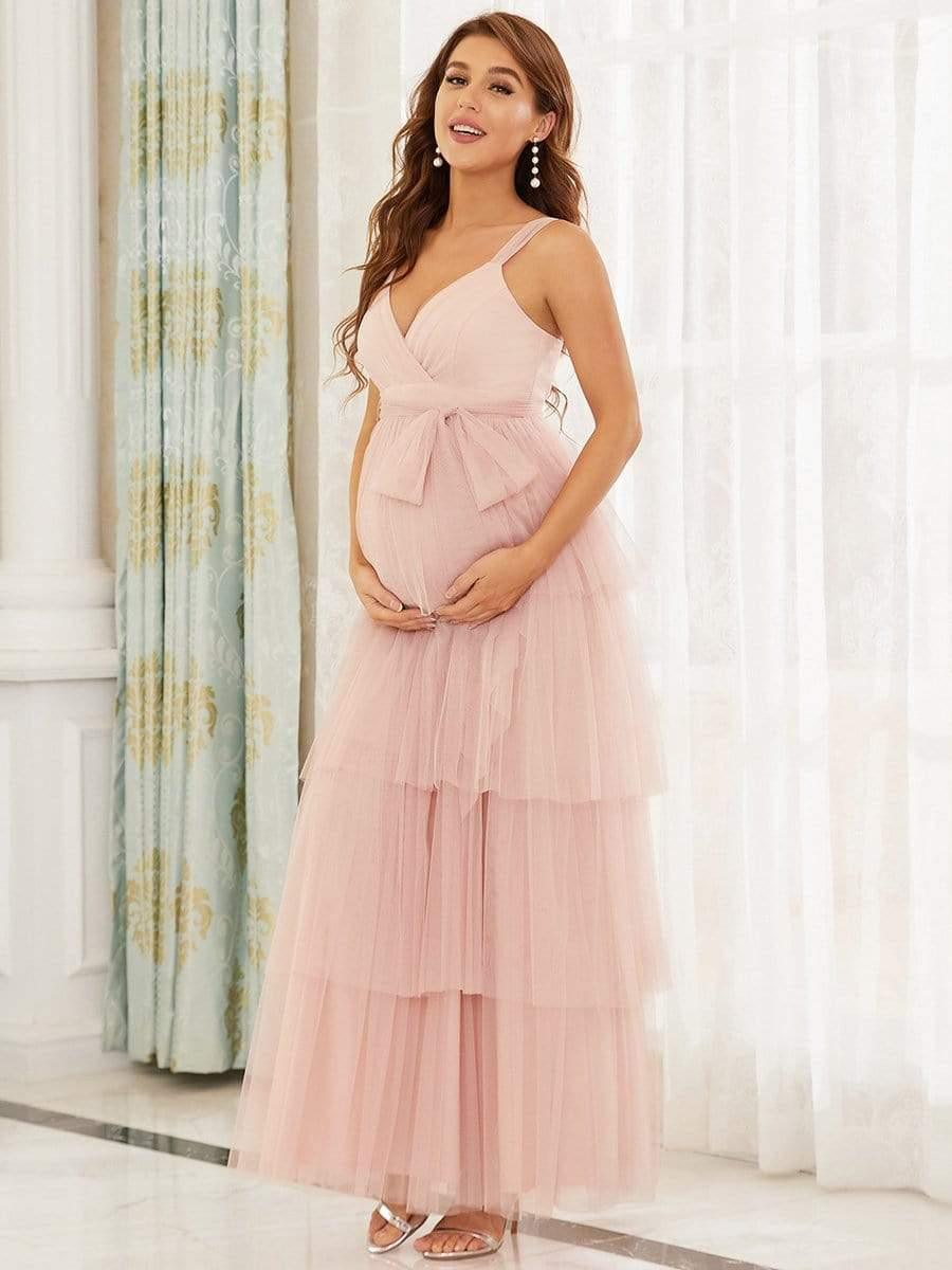 Deep V Sleeveless Mid-Rib Layered Tulle Long Maternity Dress