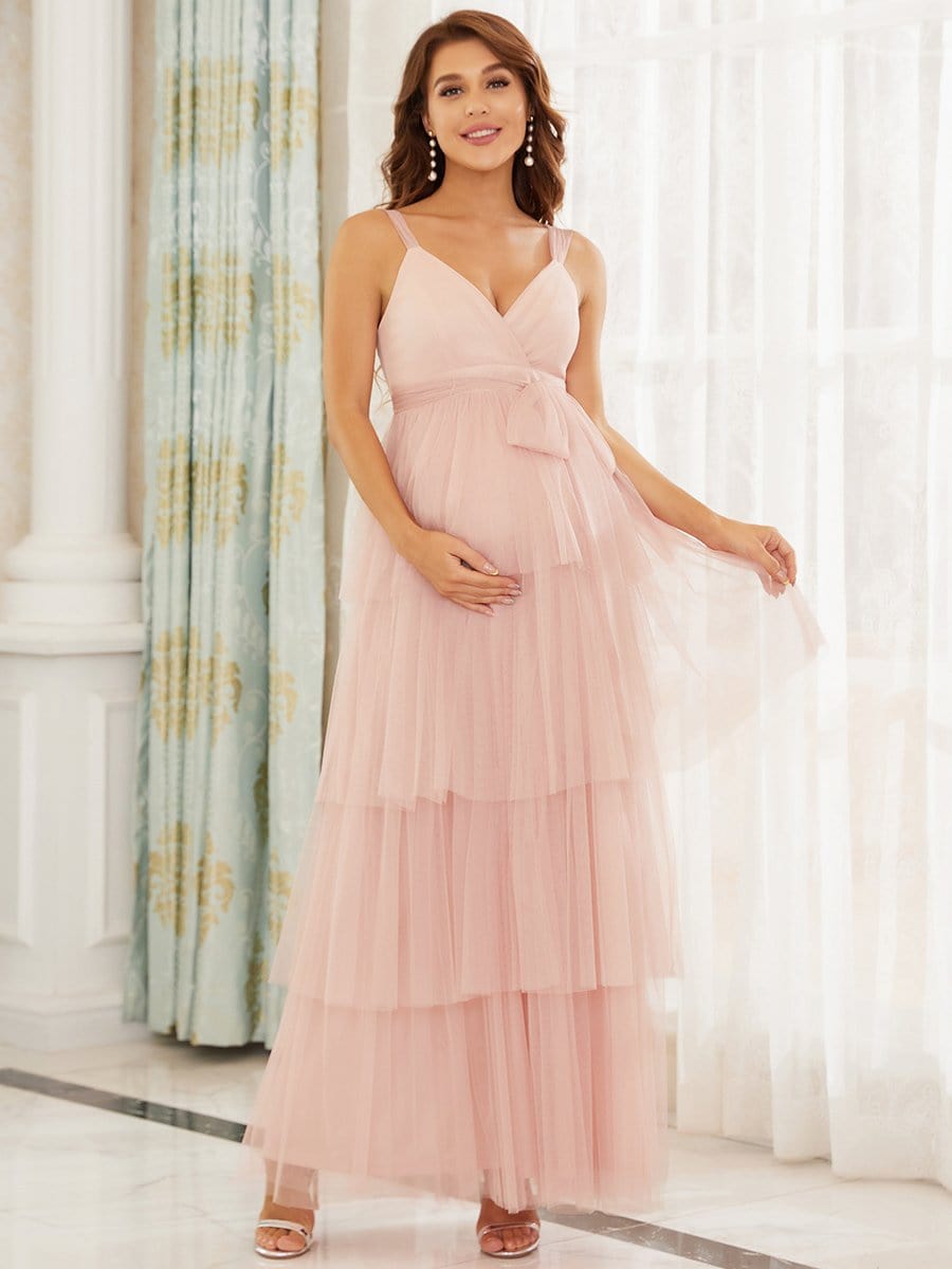 V-neck Sleeveless Mid-Rib Layered Tulle Long Maternity Wedding Guest Dress #color_Pink