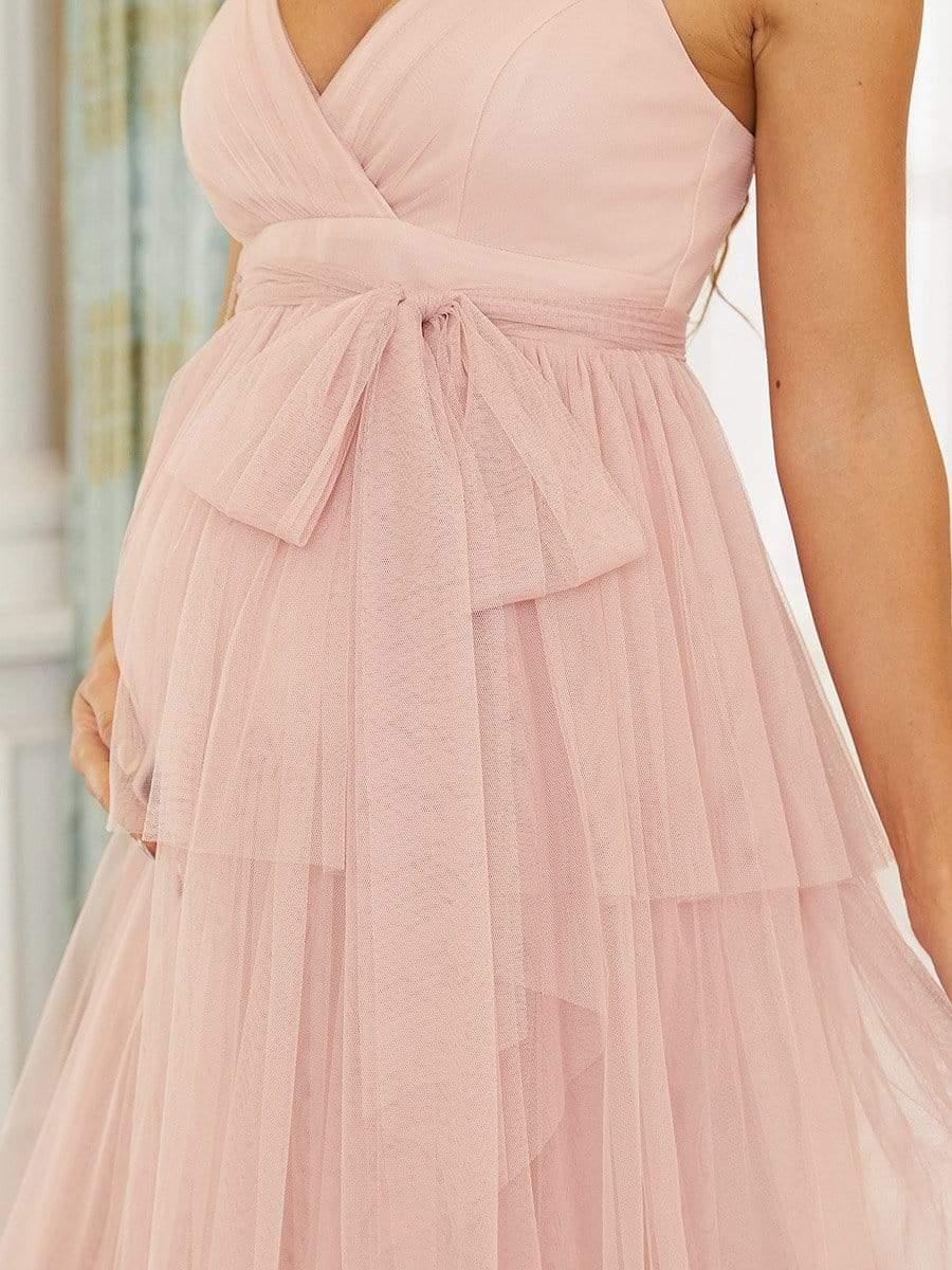 Deep V Sleeveless Mid-Rib Layered Tulle Long Maternity Dress