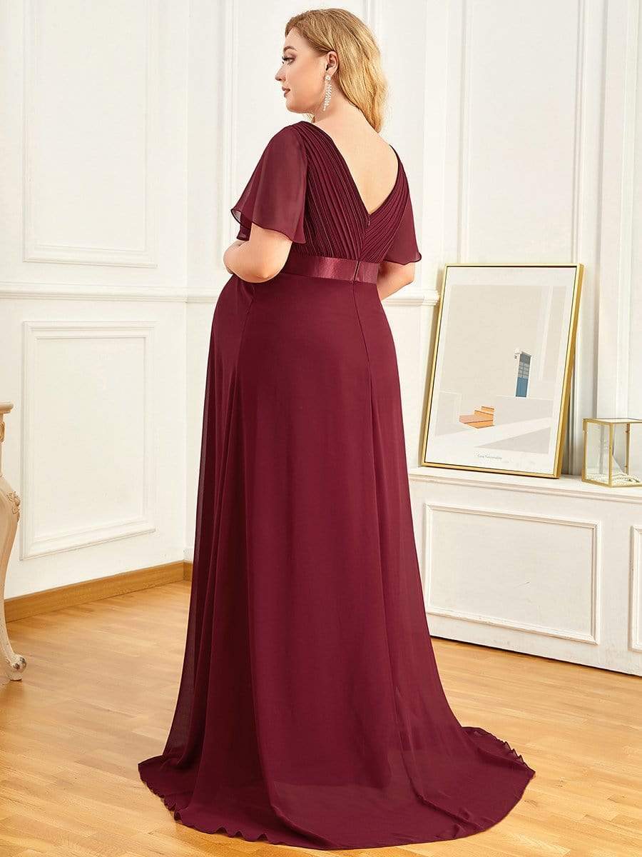 Plus Size Pleated Bodice Ruffle Sleeves V Neck Floor Length Maternity Dress #color_Burgundy