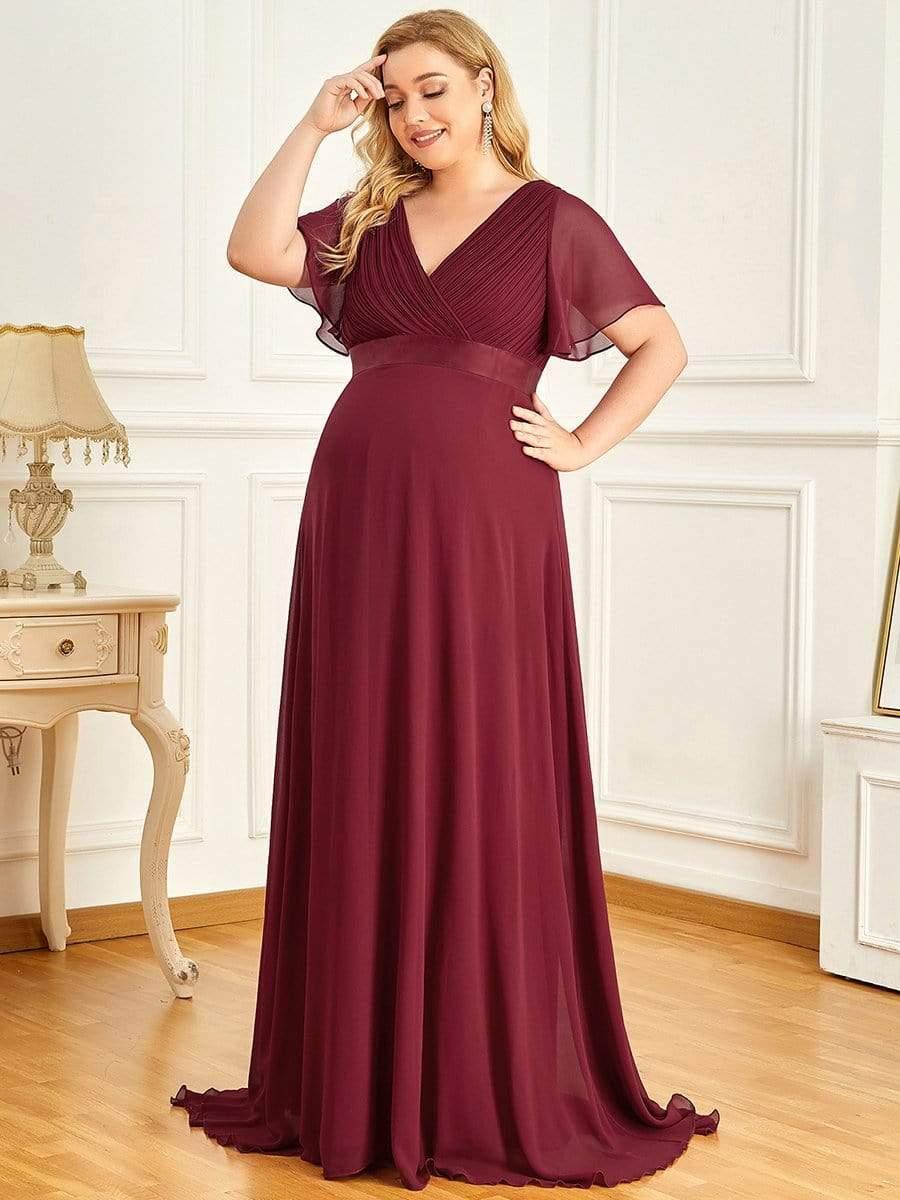 Plus Size Pleated Bodice Ruffle Sleeves V Neck Floor Length Maternity Dress #color_Burgundy