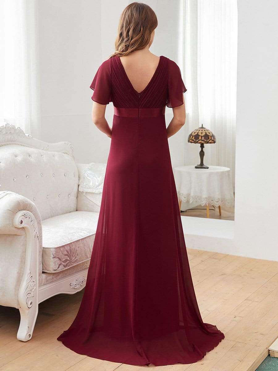 Pleated Bodice V Neck Floor Length Maternity Wedding Guest Dress with Sleeves #color_Burgundy