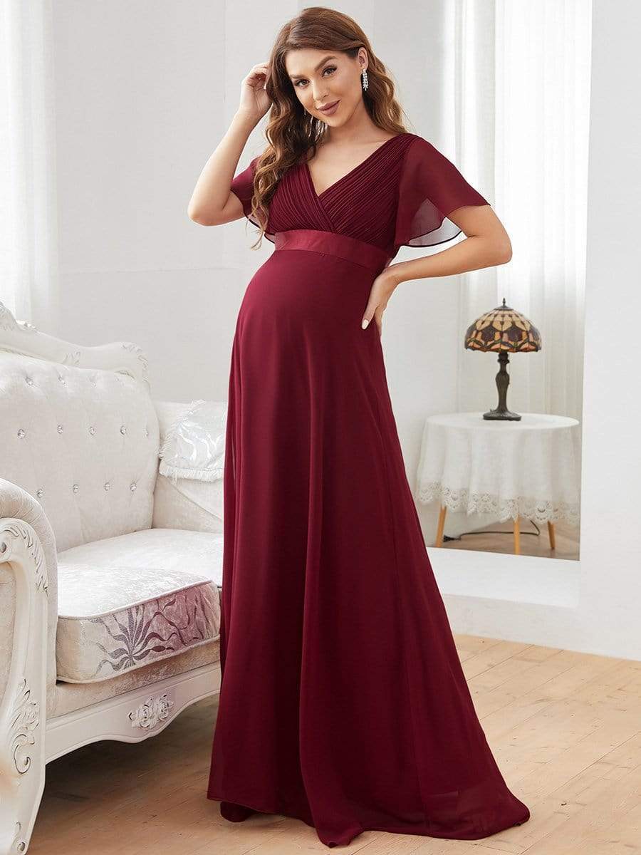 Pleated Bodice V Neck Floor Length Maternity Wedding Guest Dress with Sleeves #color_Burgundy