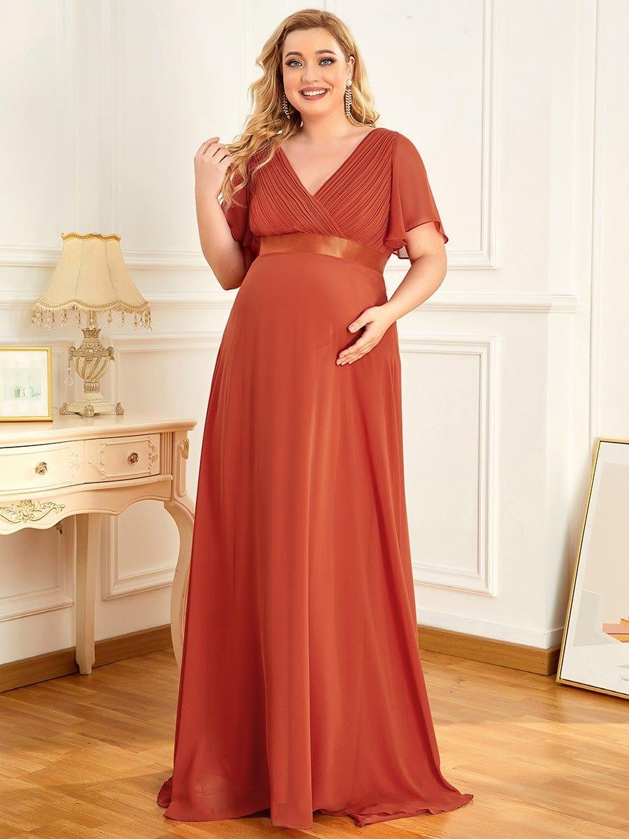 Pleated Bodice V Neck Floor Length Maternity Wedding Guest Dress with Sleeves #color_Burnt Orange