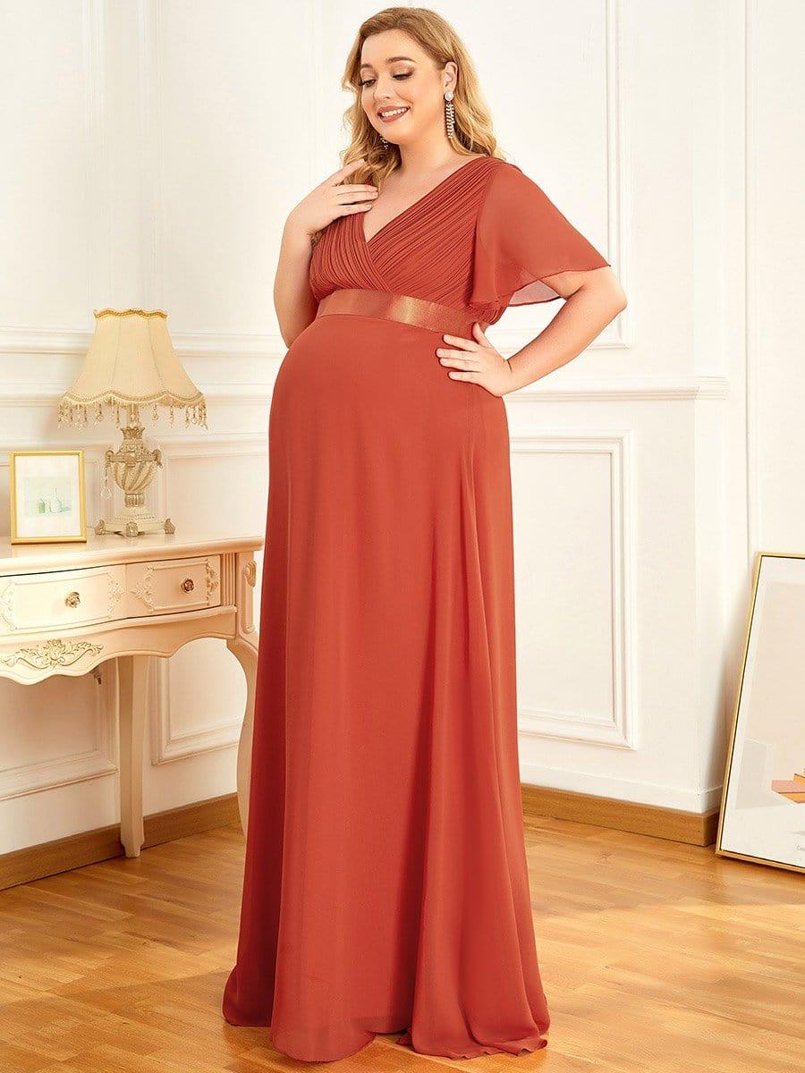 Plus Size Pleated Bodice Ruffle Sleeves V Neck Floor Length Maternity Dress #color_Burnt Orange