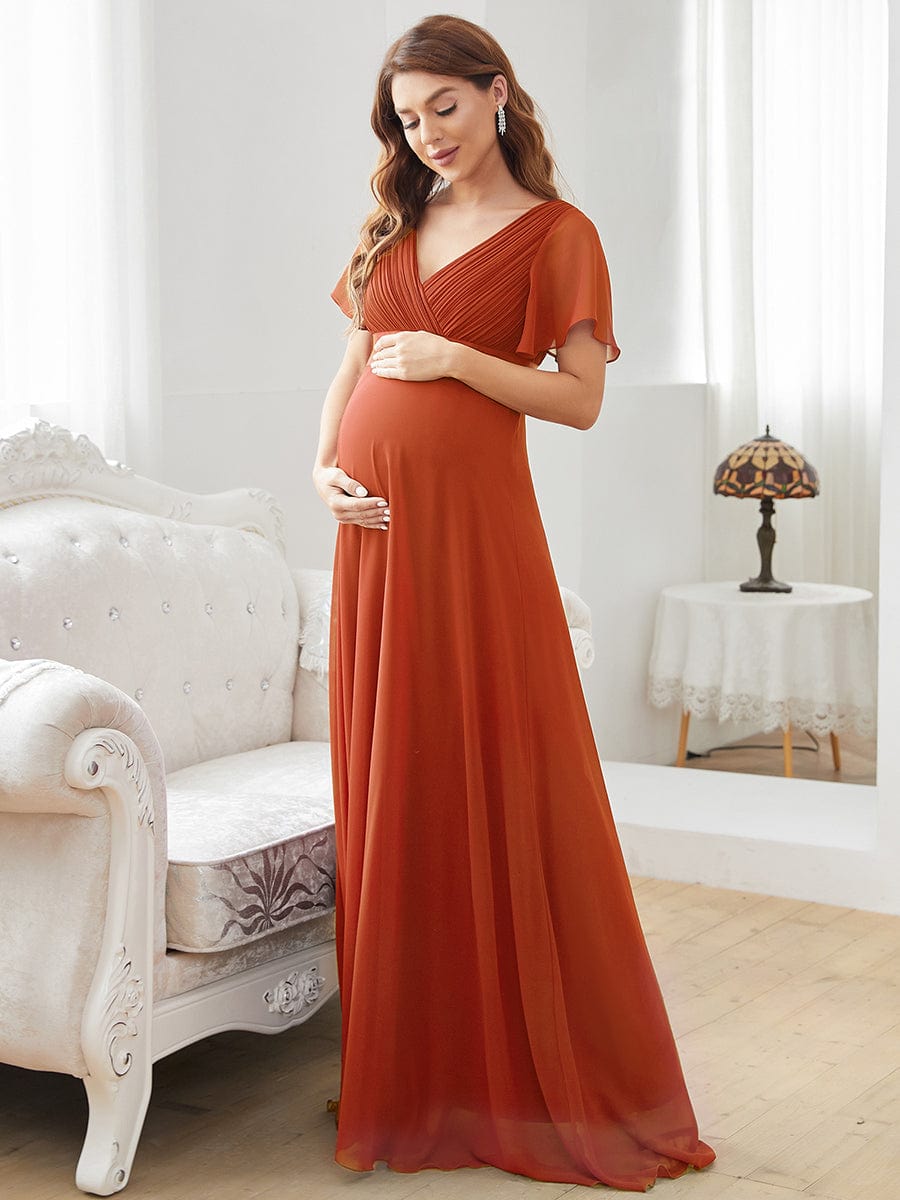 Pleated Bodice Ruffle Sleeves V Neck Floor Length Maternity Dress