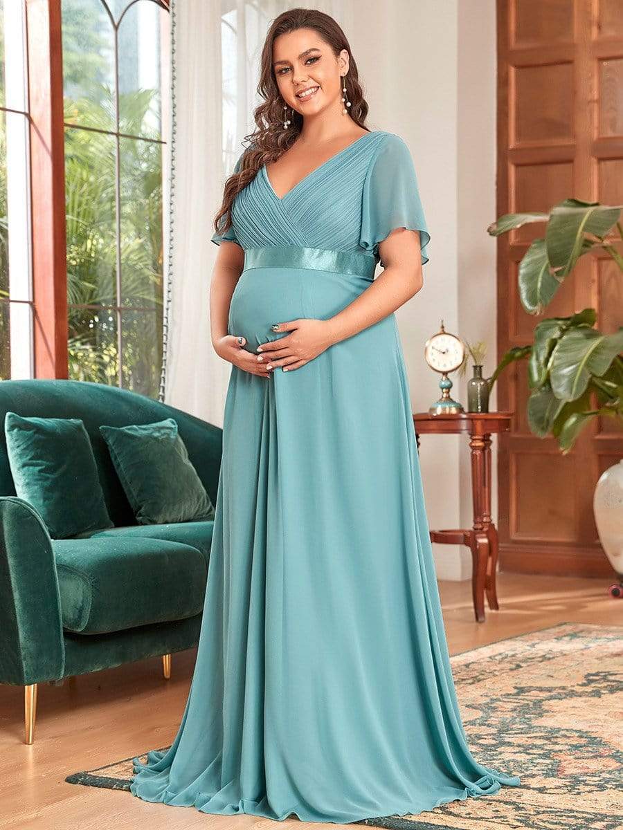 Plus Size Pleated Bodice Ruffle Sleeves V Neck Floor Length Maternity Dress