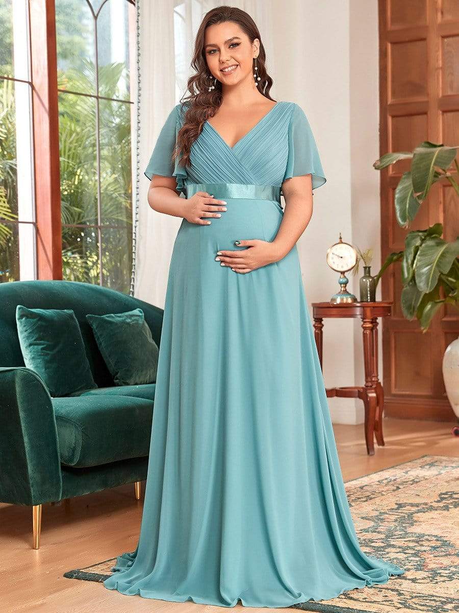 Plus Size Pleated Bodice Ruffle Sleeves V Neck Floor Length Maternity Dress #color_Dusty Blue
