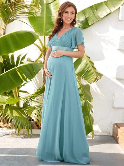 Pleated Bodice V Neck Floor Length Maternity Wedding Guest Dress with Sleeves #color_Light Teal