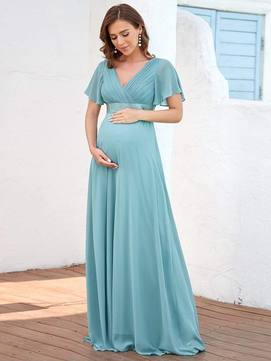 Pleated Bodice Ruffle Sleeves V Neck Floor Length Maternity Dress