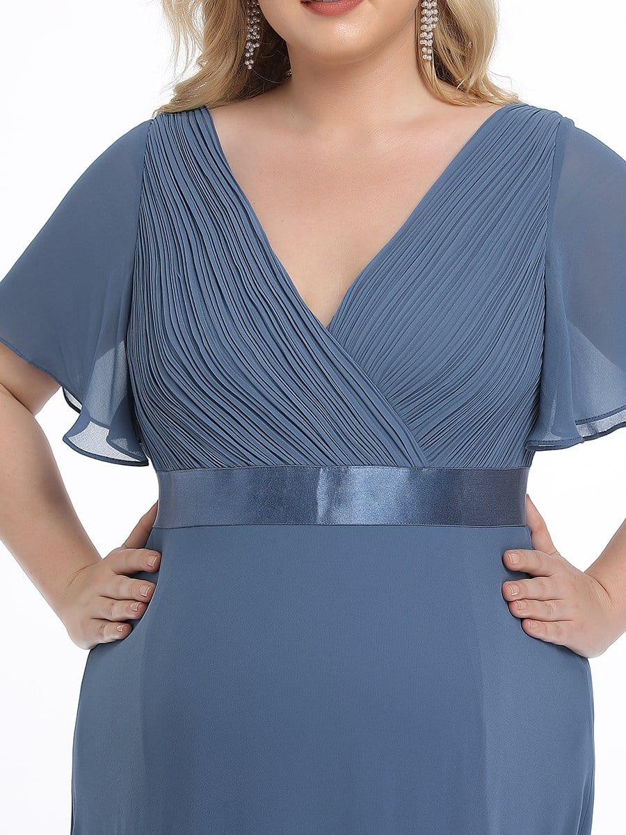 Plus Size Pleated Bodice Ruffle Sleeves V Neck Floor Length Maternity Dress #color_Dusty Blue