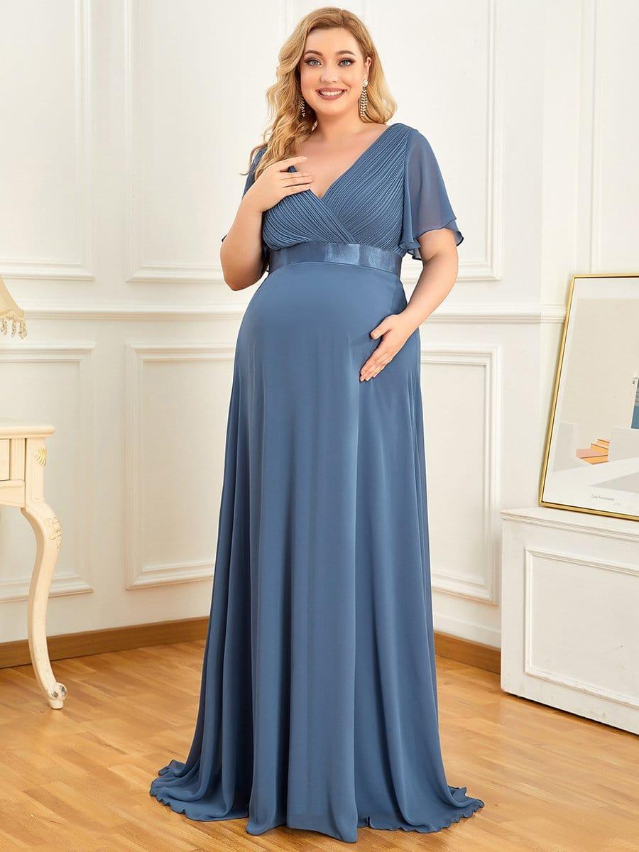 Plus Size Pleated Bodice Ruffle Sleeves V Neck Floor Length Maternity Dress #color_Dusty Blue