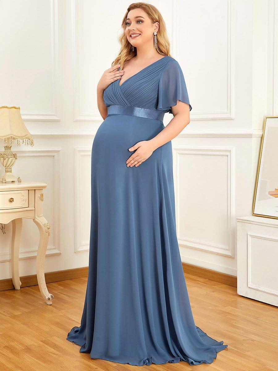 Plus Size Pleated Bodice Ruffle Sleeves V Neck Floor Length Maternity Dress #color_Dusty Blue