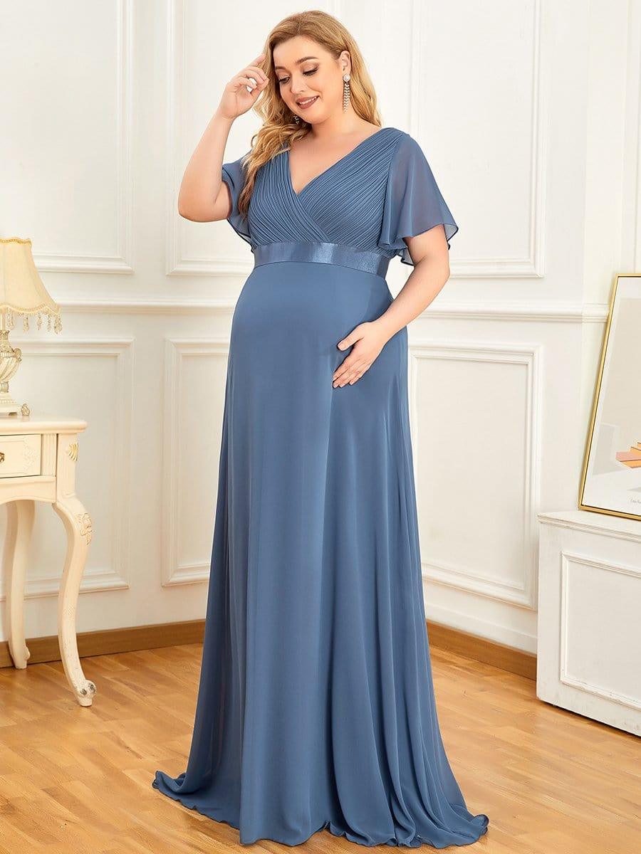 Plus Size Pleated Bodice Ruffle Sleeves V Neck Floor Length Maternity Dress #color_Dusty Blue