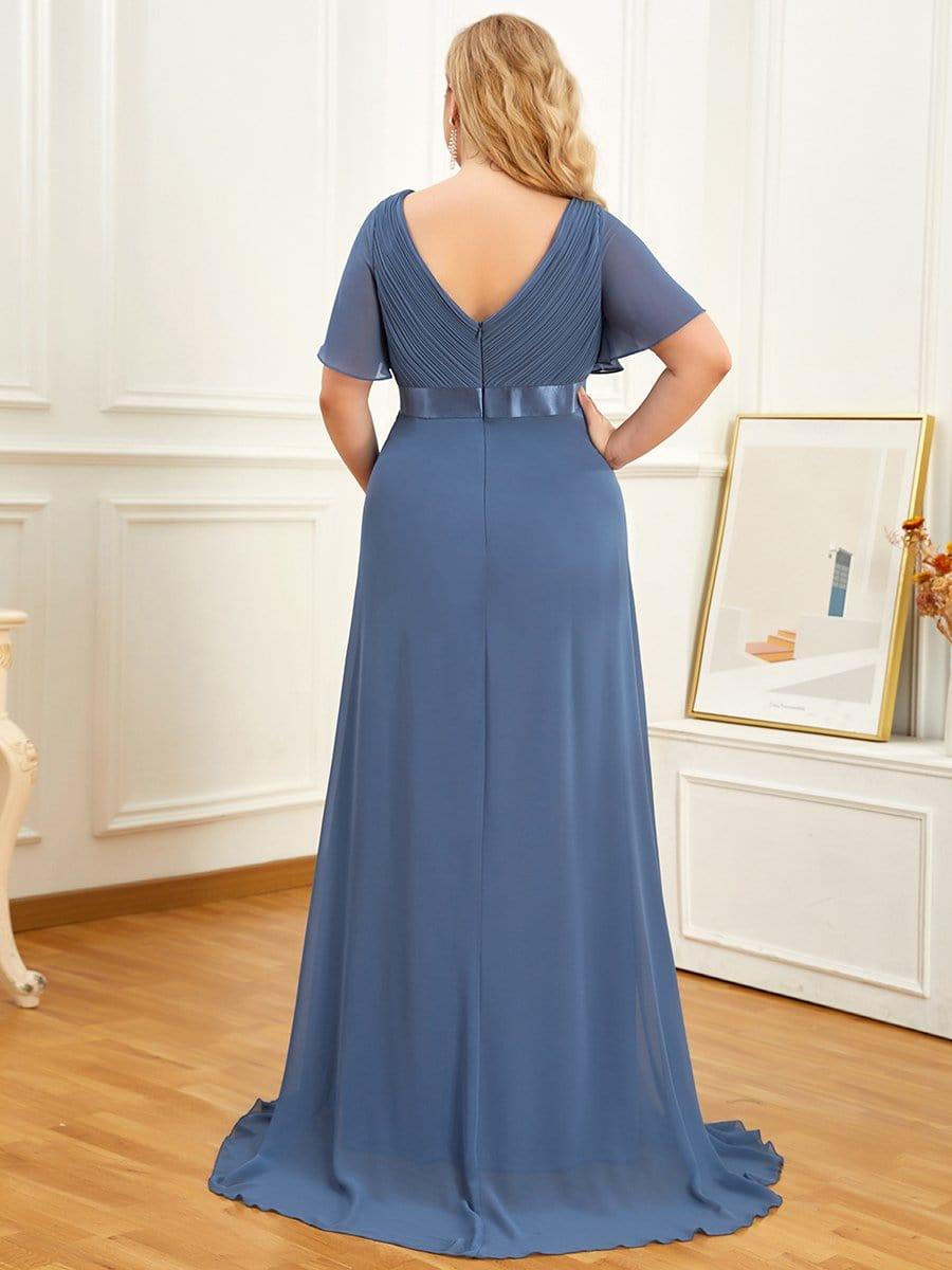 Plus Size Pleated Bodice Ruffle Sleeves V Neck Floor Length Maternity Dress #color_Dusty Blue