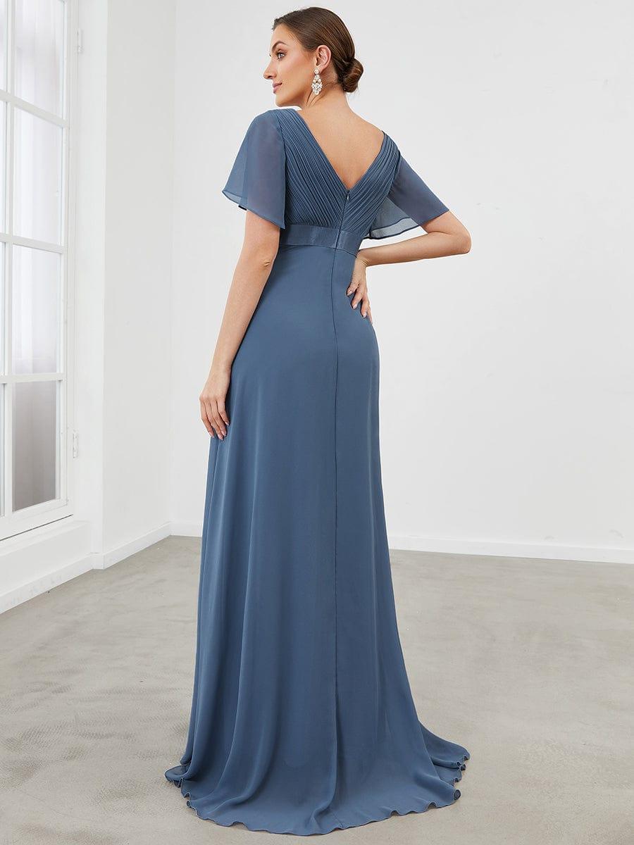 Pleated Bodice V Neck Floor Length Maternity Wedding Guest Dress with Sleeves #color_Dusty Blue