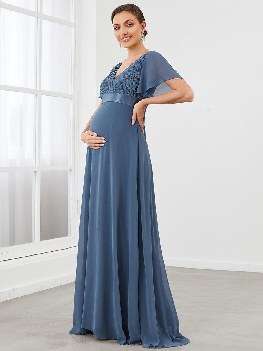 Pleated Bodice V Neck Floor Length Maternity Wedding Guest Dress with Sleeves #color_Dusty Blue