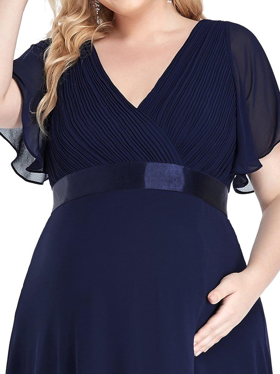 Plus Size Pleated Bodice Ruffle Sleeves V Neck Floor Length Maternity Dress #color_Navy Blue