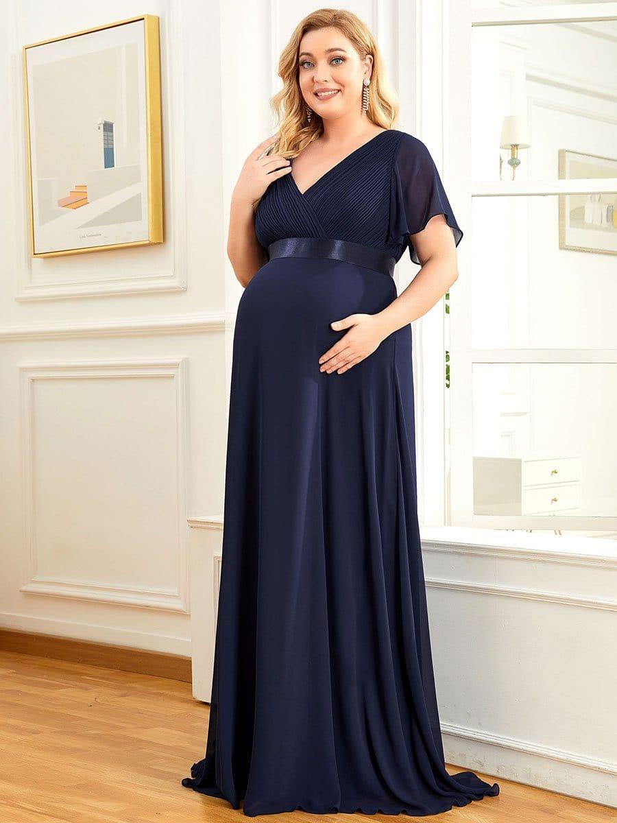 Plus Size Pleated Bodice Ruffle Sleeves V Neck Floor Length Maternity Dress #color_Navy Blue