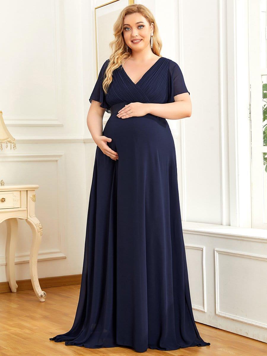 Plus Size Pleated Bodice Ruffle Sleeves V Neck Floor Length Maternity Dress #color_Navy Blue