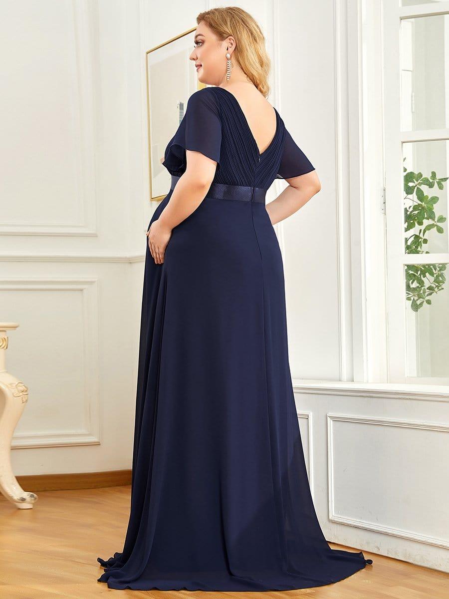 Plus Size Pleated Bodice Ruffle Sleeves V Neck Floor Length Maternity Dress #color_Navy Blue