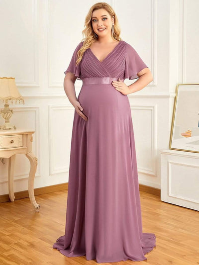 Plus Size Pleated Bodice Ruffle Sleeves V Neck Floor Length Maternity Dress #color_Purple Orchid