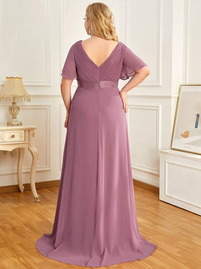 Plus Size Pleated Bodice Ruffle Sleeves V Neck Floor Length Maternity Dress #color_Purple Orchid