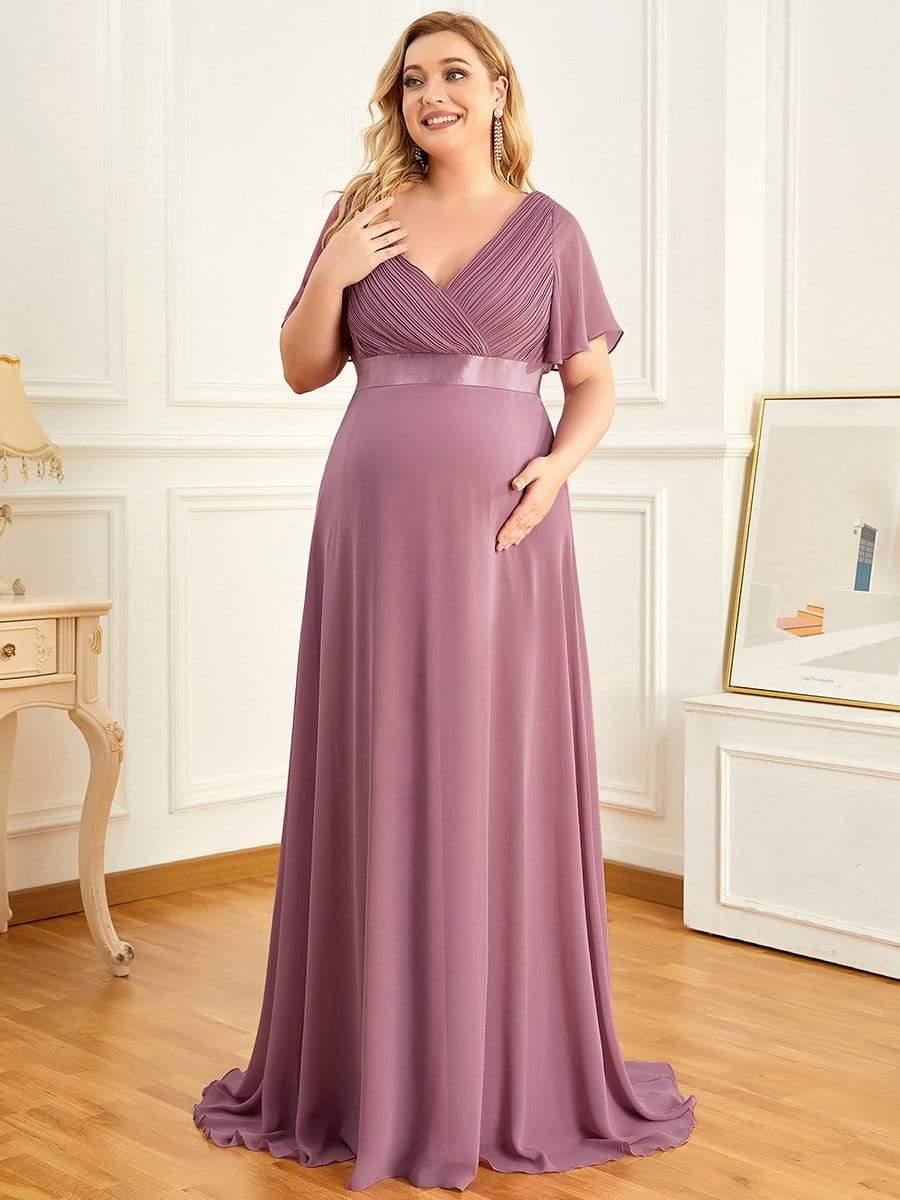 Plus Size Pleated Bodice Ruffle Sleeves V Neck Floor Length Maternity Dress #color_Purple Orchid