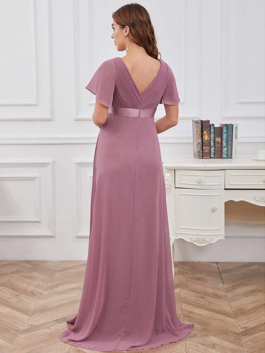 Pleated Bodice V Neck Floor Length Maternity Wedding Guest Dress with Sleeves #color_Purple Orchid