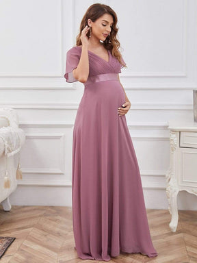 Pleated Bodice V Neck Floor Length Maternity Wedding Guest Dress with Sleeves