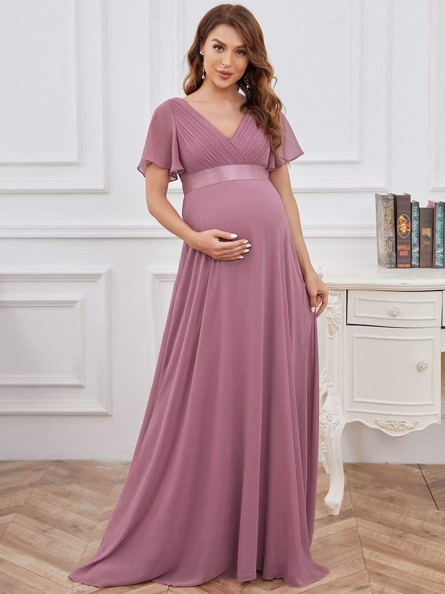 V Neck Pleated Bodice Maxi Maternity Wedding Guest Dress with Sleeves V Neck Pleated Bodice Maxi Maternity Wedding Guest Dress with Sleeves