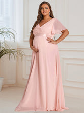 Plus Size Pleated Bodice Ruffle Sleeves V Neck Floor Length Maternity Dress #color_Pink
