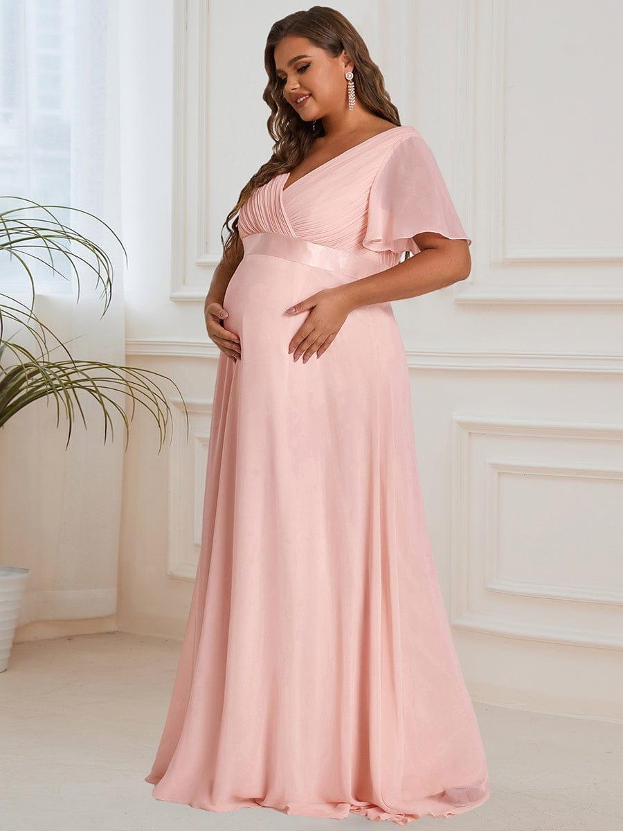 Plus Size Pleated Bodice Ruffle Sleeves V Neck Floor Length Maternity Dress #color_Pink