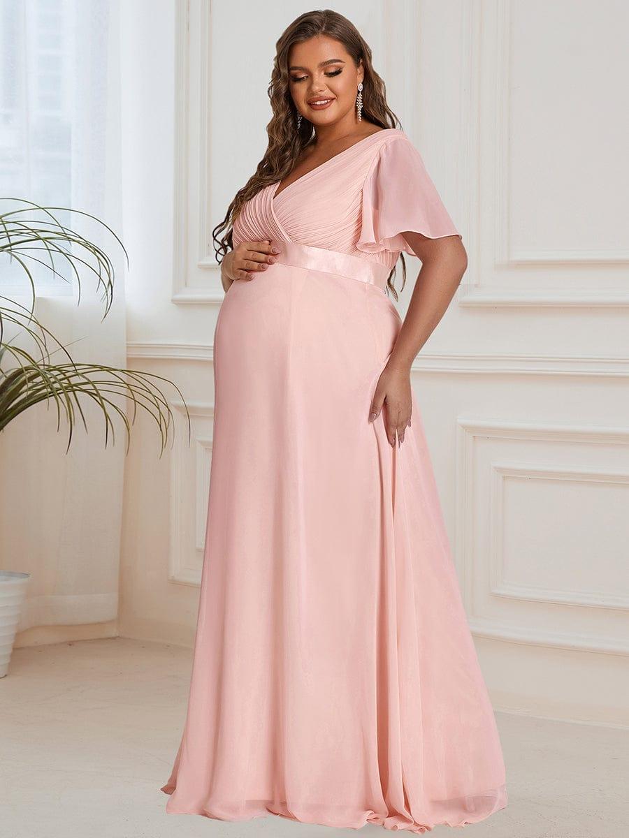 Plus Size Pleated Bodice Ruffle Sleeves V Neck Floor Length Maternity Dress #color_Pink