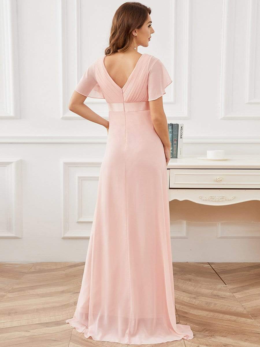 Pleated Bodice V Neck Floor Length Maternity Wedding Guest Dress with Sleeves #color_Pink