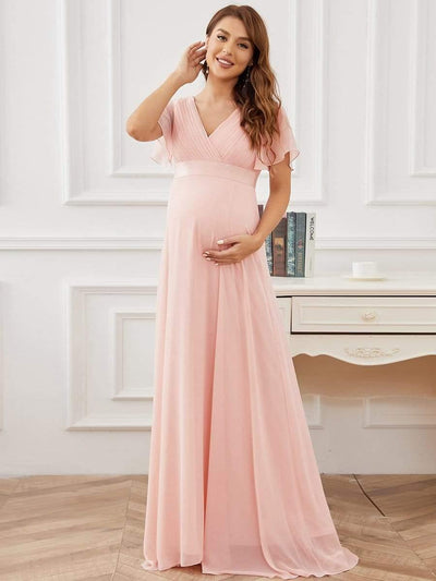 Pleated Bodice V Neck Floor Length Maternity Wedding Guest Dress with Sleeves #color_Pink