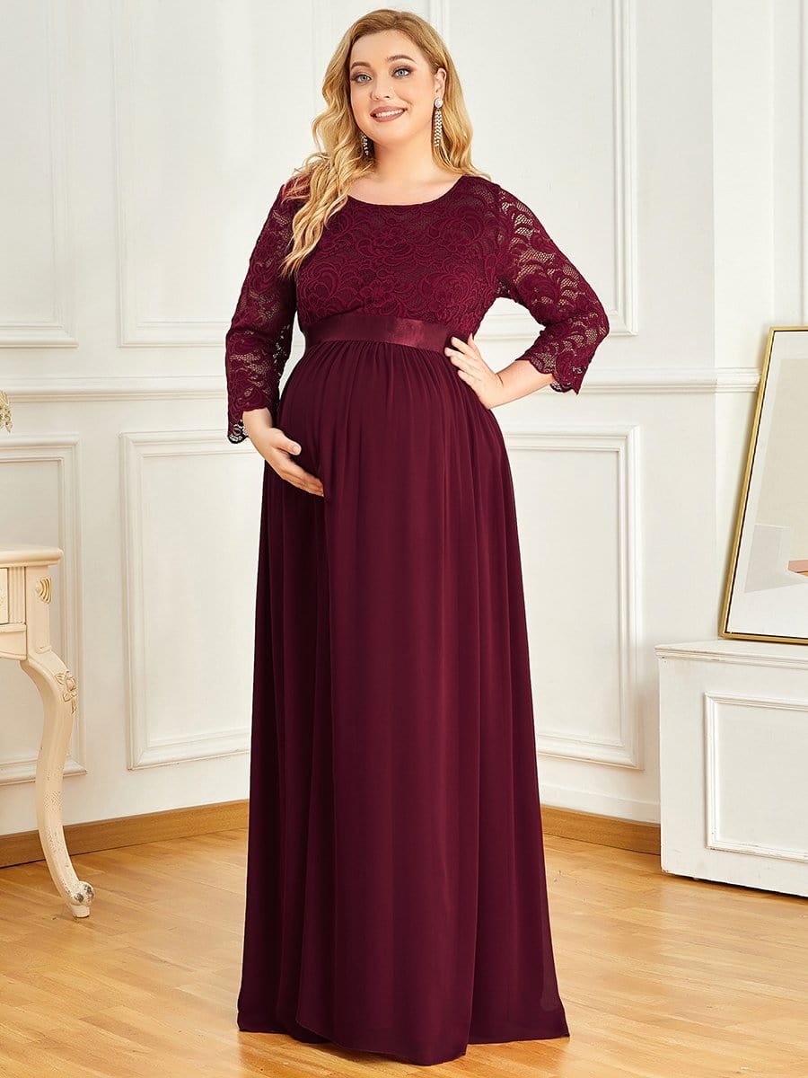 3/4 Sleeve Lace Floor Length Plus Size Maternity Dress #color_Burgundy