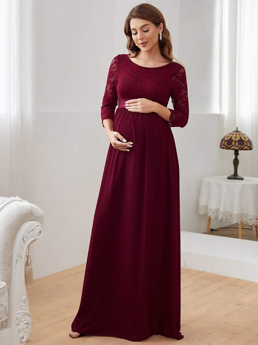 Round Neck V Back 3/4 Sleeves Embroidered Maternity Dress #color_Burgundy