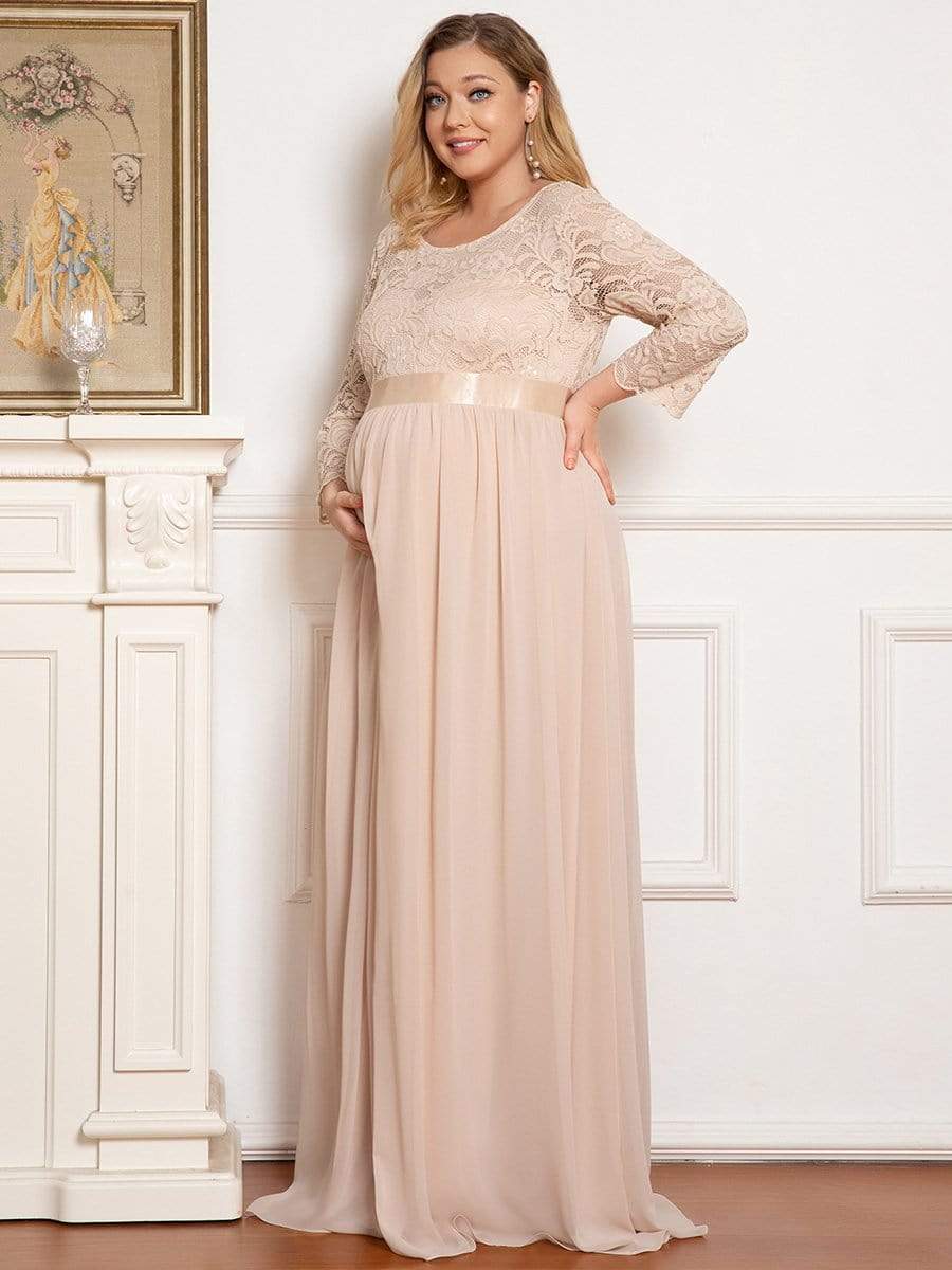 3/4 Sleeve Lace Floor Length Plus Size Maternity Dress #color_Blush