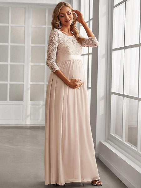 Long Sleeve Cheap Maternity Formal Dresses 3/4 Sleeves Round Neck