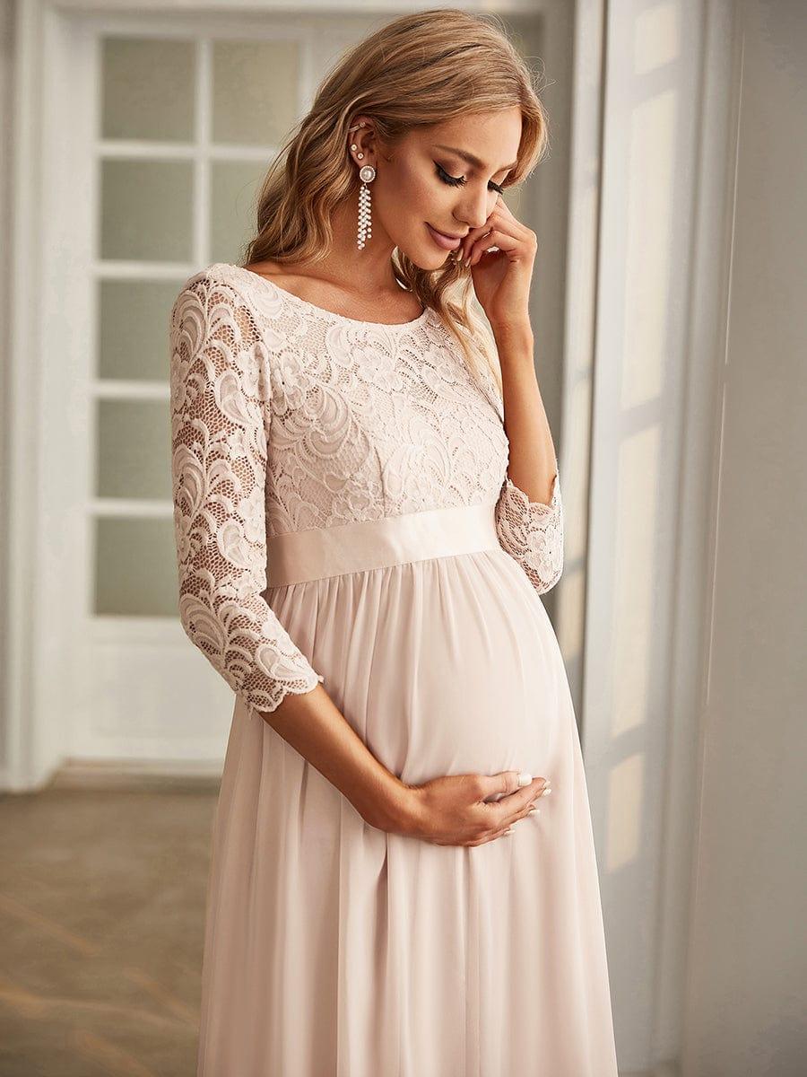 Round Neck V Back 3/4 Sleeves Embroidered Maternity Dress