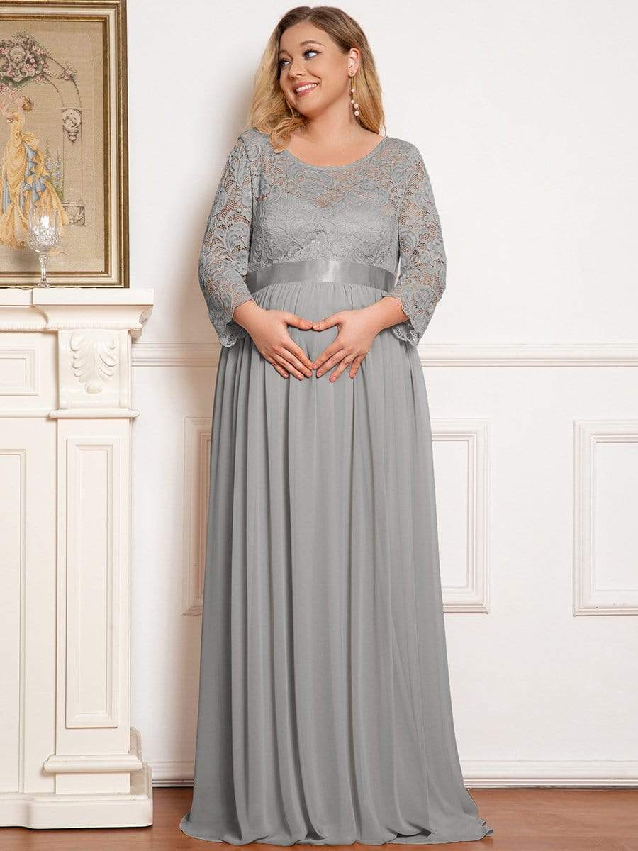 3/4 Sleeve Lace Floor Length Plus Size Maternity Dress #color_Grey