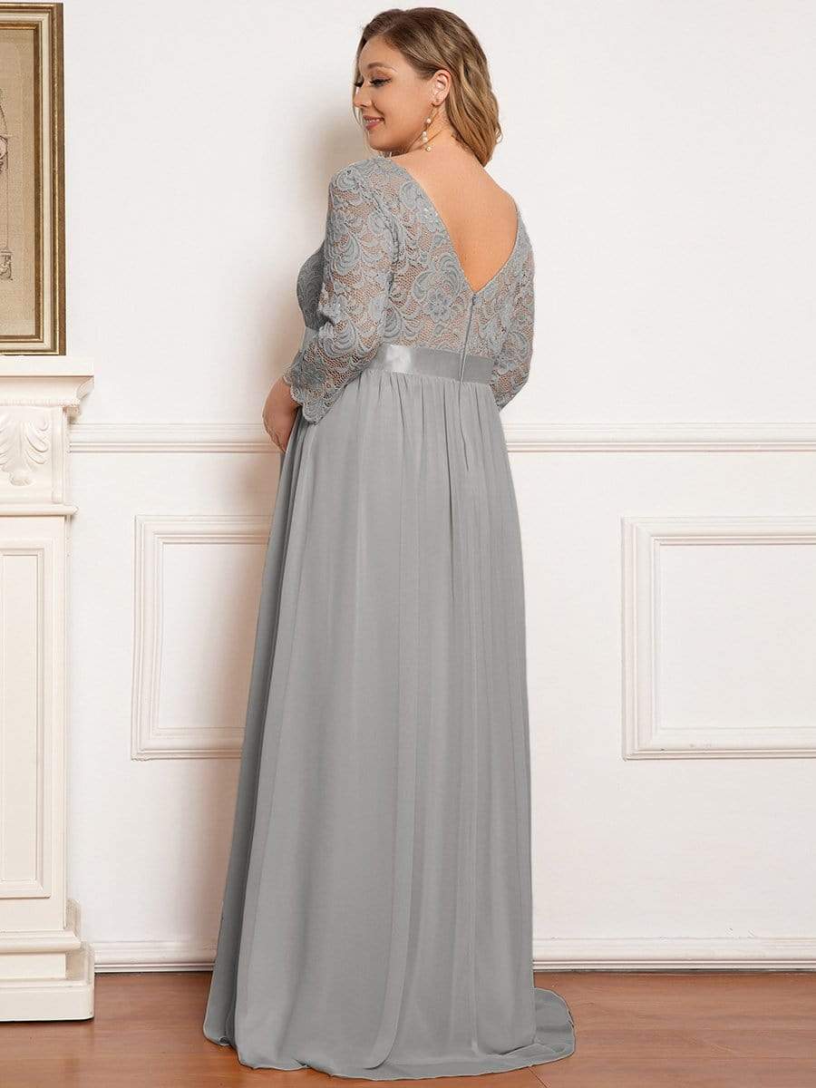 3/4 Sleeve Lace Floor Length Plus Size Maternity Dress #color_Grey