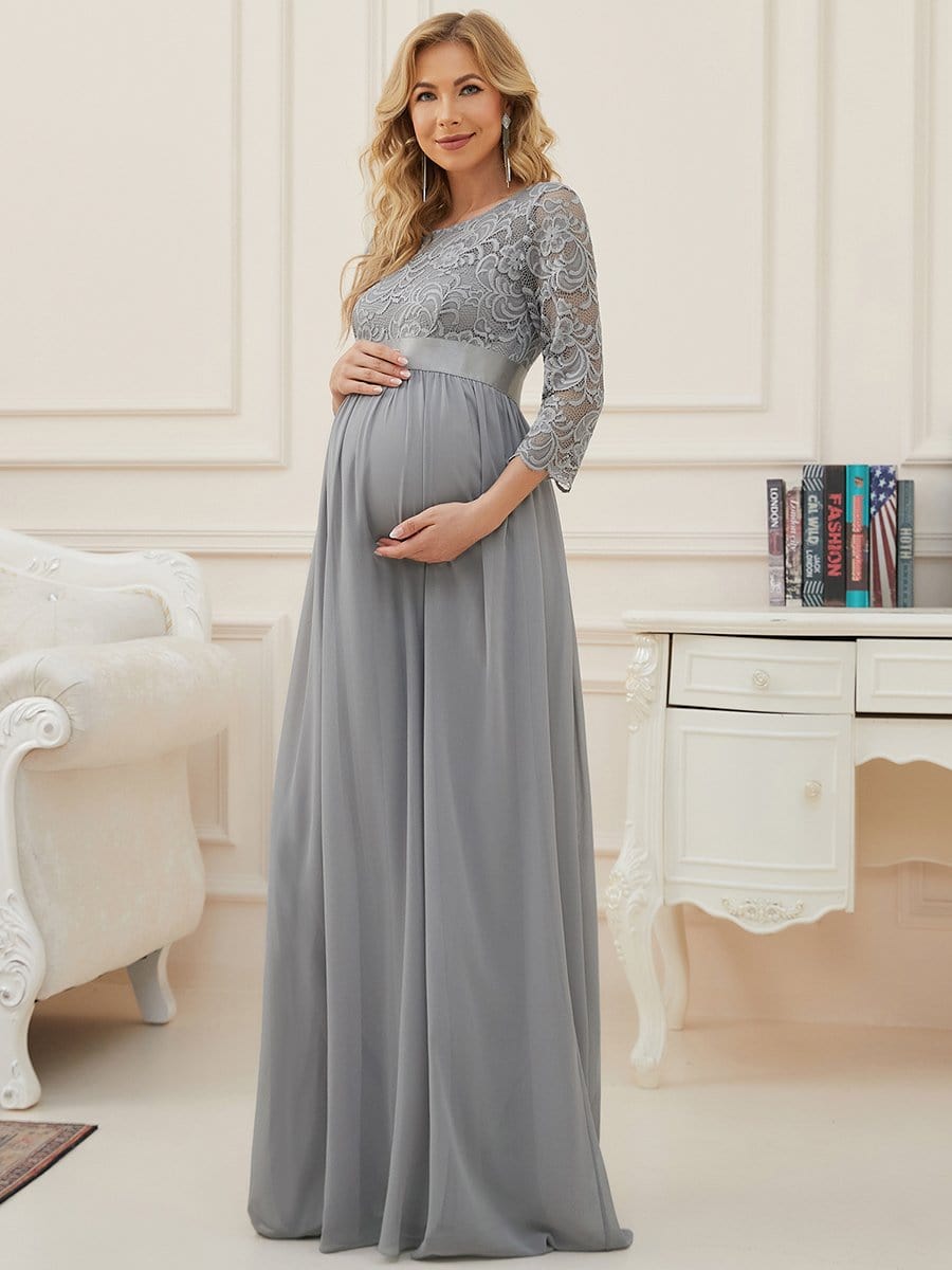 Elegant 3/4 Sleeves Embroidered Maternity Wedding Guest Dress #color_Grey