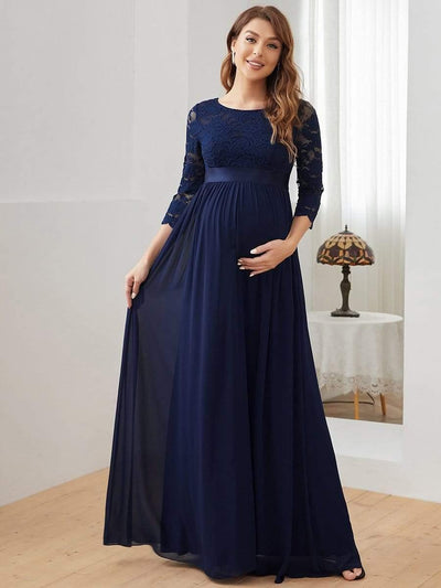 Elegant 3/4 Sleeves Embroidered Maternity Wedding Guest Dress #color_Navy Blue